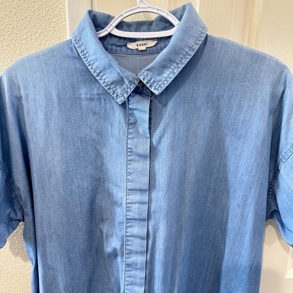 Easel Soft Denim‎ Cotton Button Front  Shirt Dress Sz M Lagenlook Minimalistic